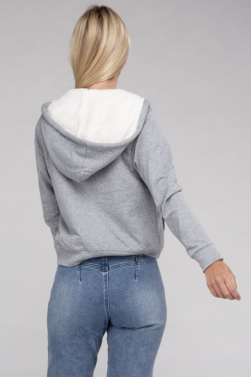 Cropped Fuzzy-Lined Zip-Up Hoodie with Long Sleeves