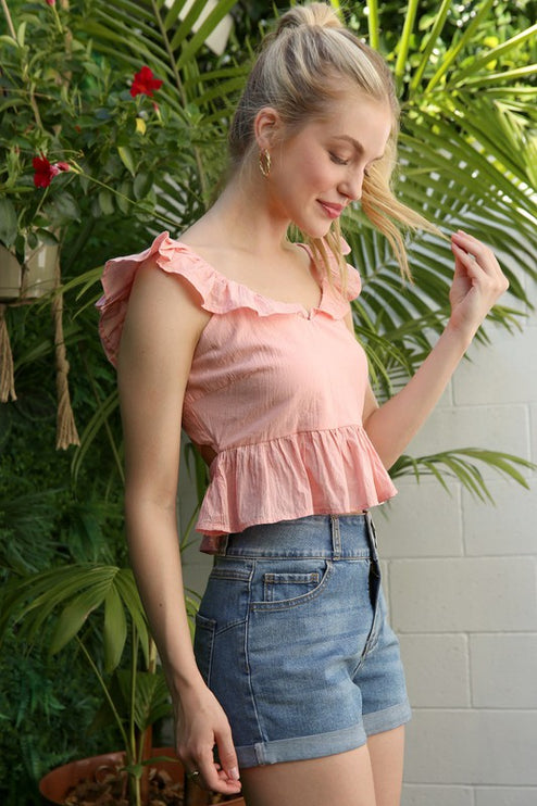 Cute Stylish Open Back Tie Ruffled Trim Flare Fashion Top Pink