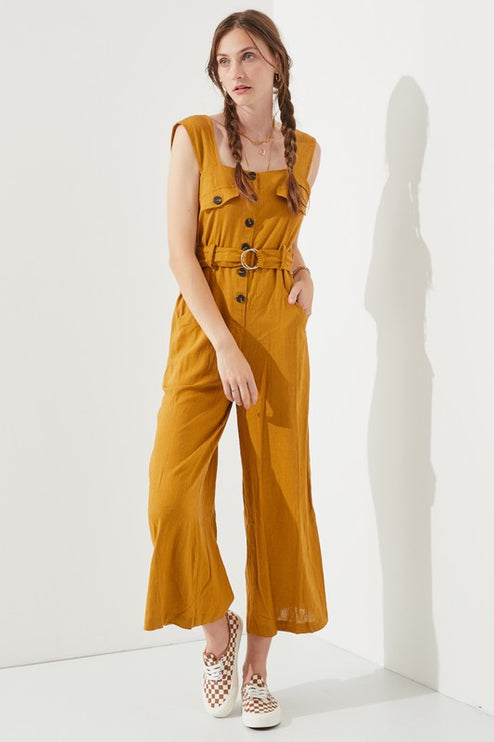 Linen Blend Jumpsuit with Belt and Multiple Pockets