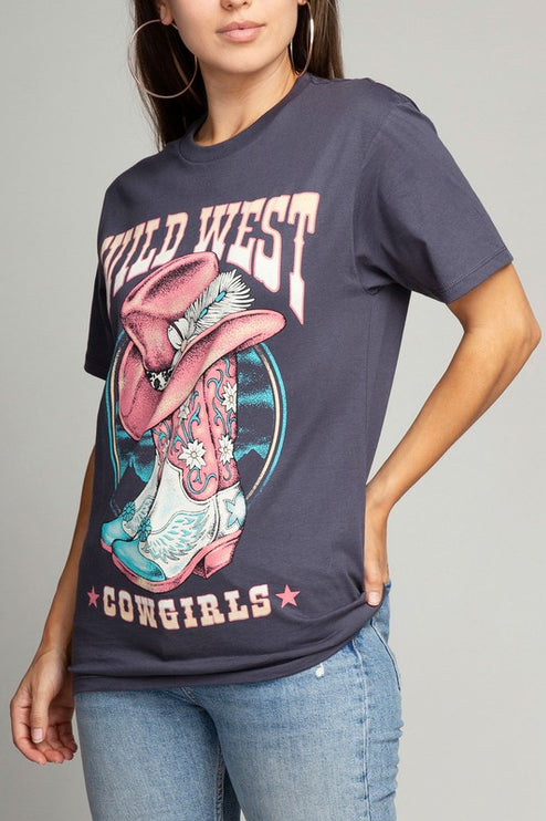 Wild West Cowgirls Pink Hat & Boot Graphic Tee T-Shirt