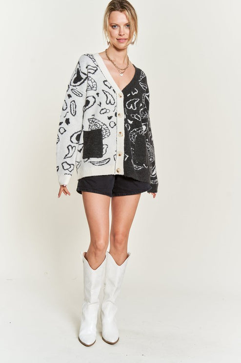 Oversized Heart Paisley Button-Down Sweater Cardigan with Color Block