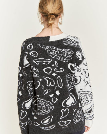 Oversized Heart Paisley Button-Down Sweater Cardigan with Color Block