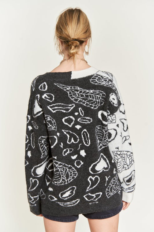 Oversized Heart Paisley Button-Down Sweater Cardigan with Color Block