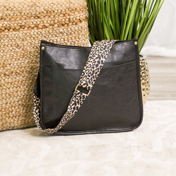 Trendy Vegan Leather Crossbody Handbag with Leopard Strap