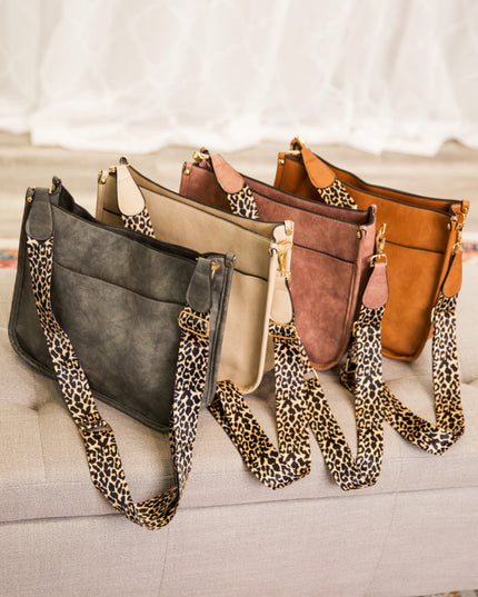 Trendy Vegan Leather Crossbody Handbag with Leopard Strap