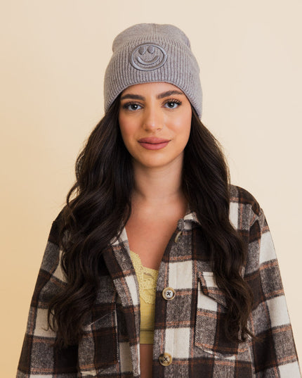 Cozy Happy Face Embroidered Hat Ribbed Knit Beanie