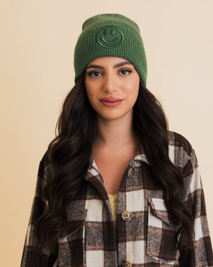 Cozy Happy Face Embroidered Hat Ribbed Knit Beanie