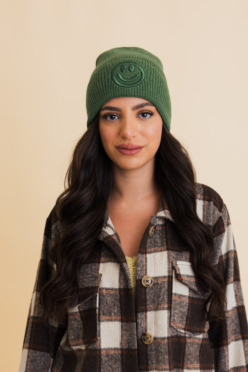 Cozy Happy Face Embroidered Hat Ribbed Knit Beanie