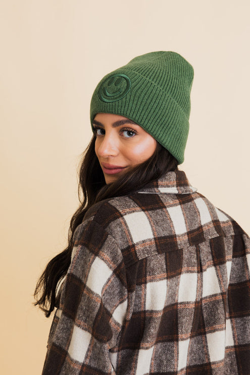 Cozy Happy Face Embroidered Hat Ribbed Knit Beanie