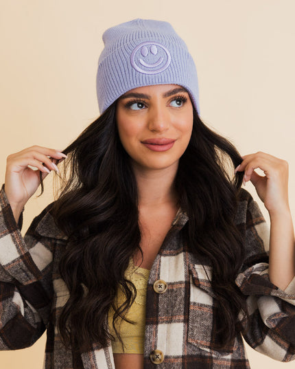 Cozy Happy Face Embroidered Hat Ribbed Knit Beanie