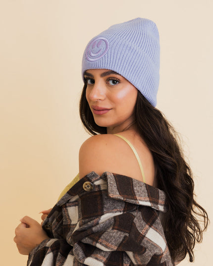 Cozy Happy Face Embroidered Hat Ribbed Knit Beanie