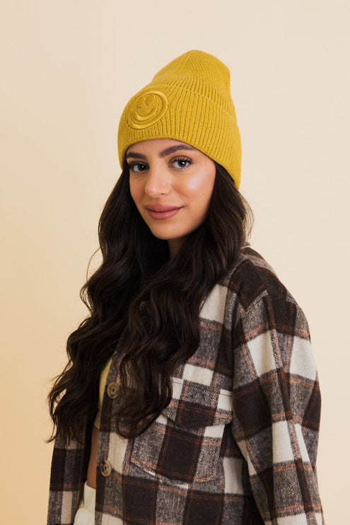 Cozy Happy Face Embroidered Hat Ribbed Knit Beanie