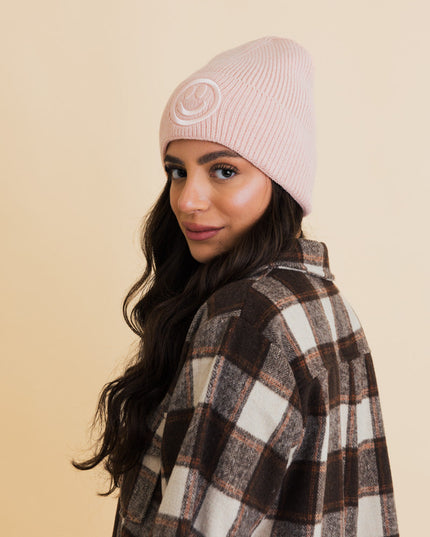 Cozy Happy Face Embroidered Hat Ribbed Knit Beanie