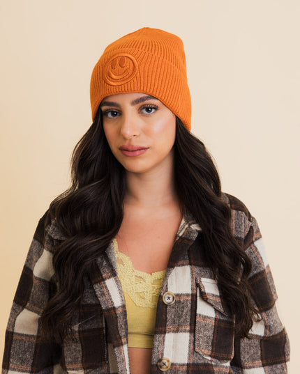 Cozy Happy Face Embroidered Hat Ribbed Knit Beanie