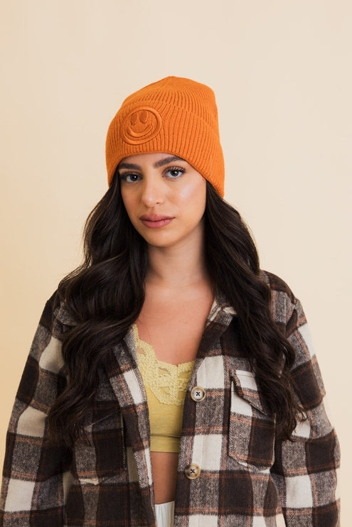 Cozy Happy Face Embroidered Hat Ribbed Knit Beanie