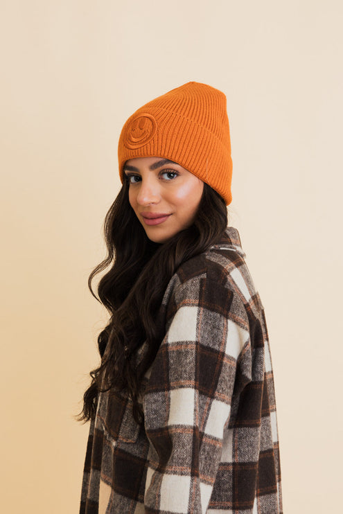 Cozy Happy Face Embroidered Hat Ribbed Knit Beanie