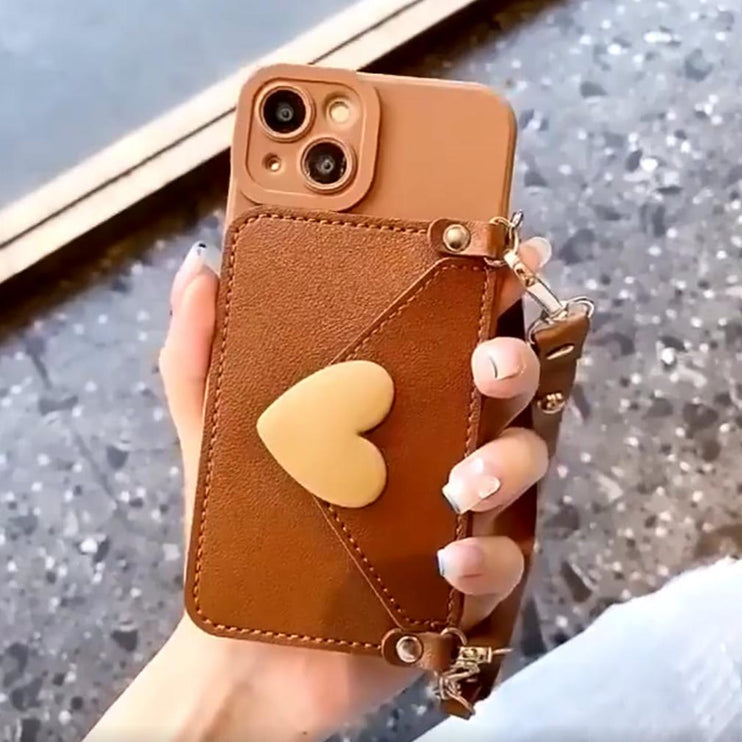 Simple 3D Love Heart Card Holder Wallet Crossbody Phone Case Cover for iPhone