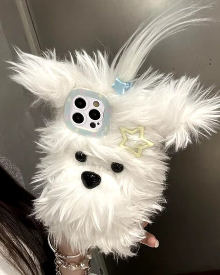 Cute Fluffy Soft Plush Bow Furry Puppy Dog Phone Case Cover for iPhone