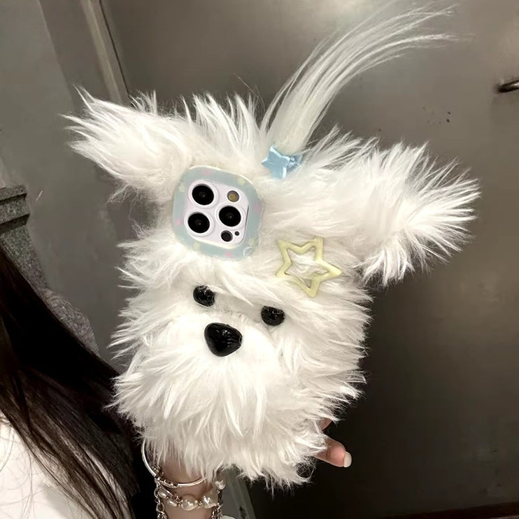 Cute Fluffy Soft Plush Bow Furry Puppy Dog Phone Case Cover for iPhone