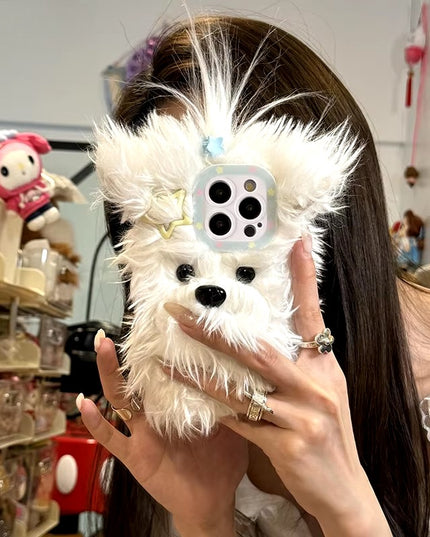 Cute Fluffy Soft Plush Bow Furry Puppy Dog Phone Case Cover for iPhone