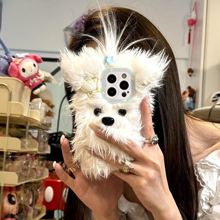 Cute Fluffy Soft Plush Bow Furry Puppy Dog Phone Case Cover for iPhone