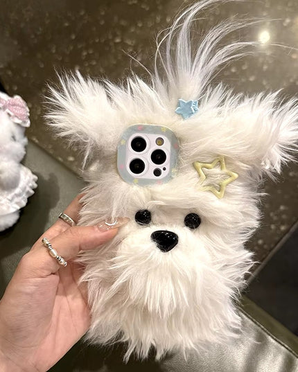 Cute Fluffy Soft Plush Bow Furry Puppy Dog Phone Case Cover for iPhone