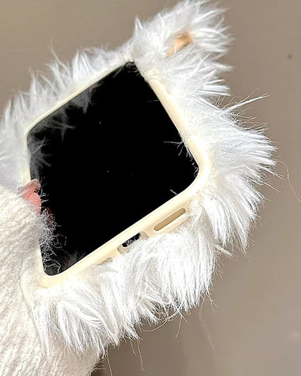 Cute Fluffy Soft Plush Bow Furry Puppy Dog Phone Case Cover for iPhone