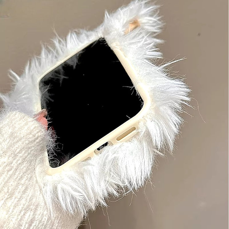 Cute Fluffy Soft Plush Bow Furry Puppy Dog Phone Case Cover for iPhone