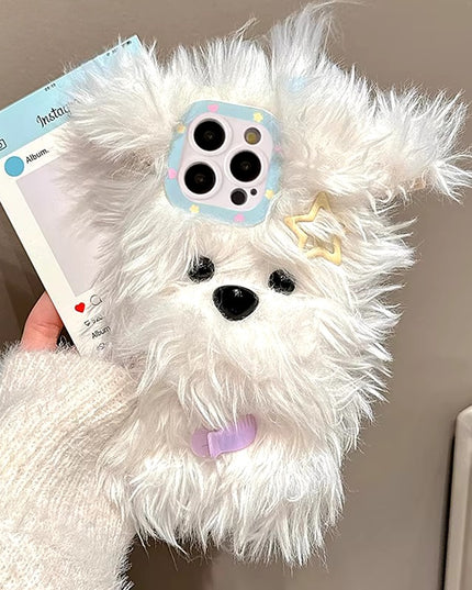 Cute Fluffy Soft Plush Bow Furry Puppy Dog Phone Case Cover for iPhone