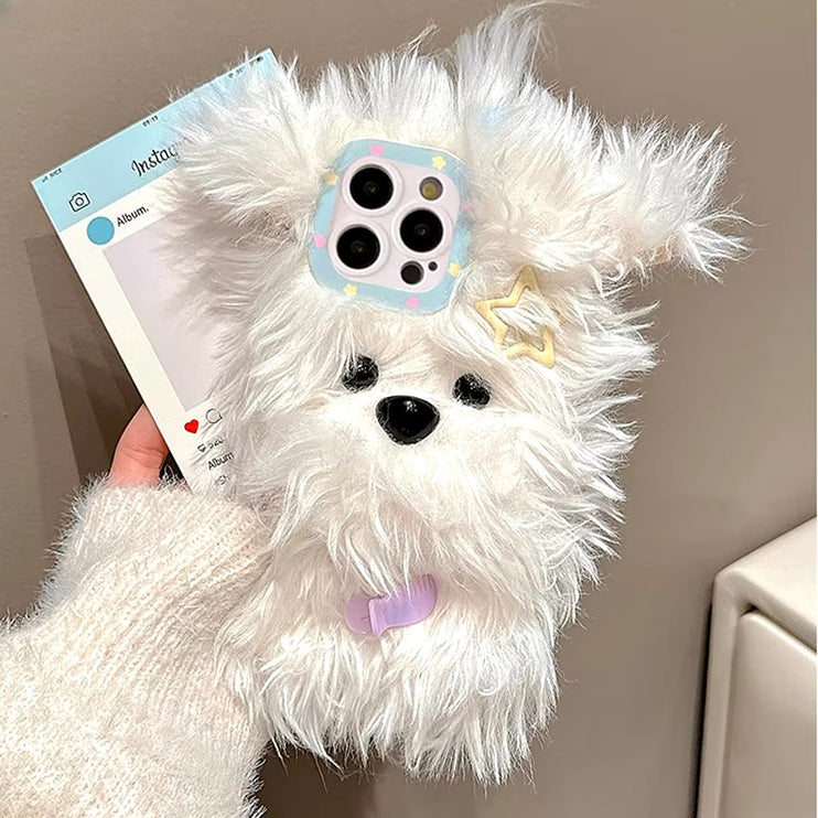 Cute Fluffy Soft Plush Bow Furry Puppy Dog Phone Case Cover for iPhone