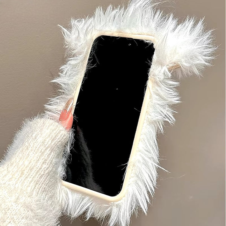 Cute Fluffy Soft Plush Bow Furry Puppy Dog Phone Case Cover for iPhone