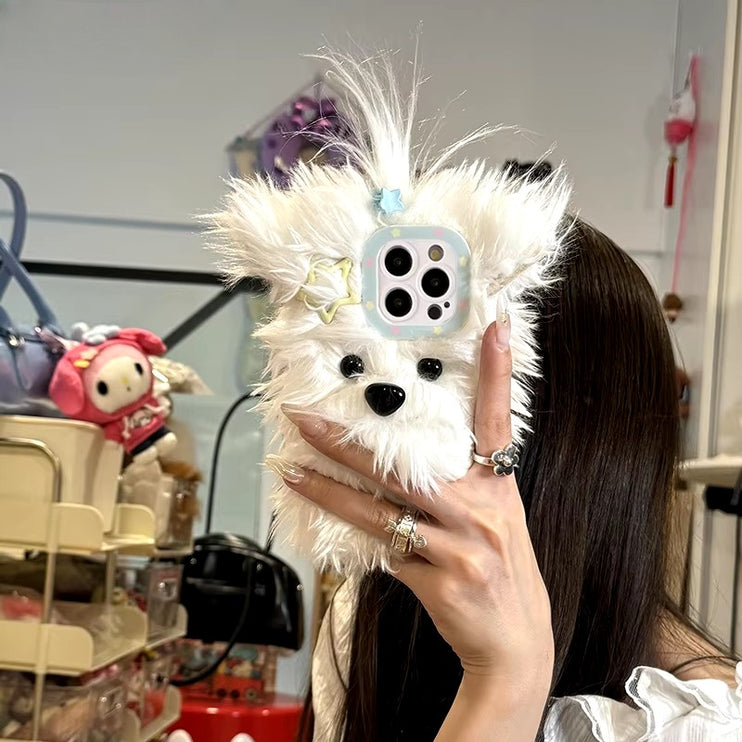 Cute Fluffy Soft Plush Bow Furry Puppy Dog Phone Case Cover for iPhone