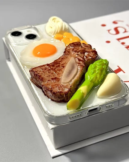 Fun 3D Food Themed Steak Vegetables Clear Protective Phone Case Cover for iPhone