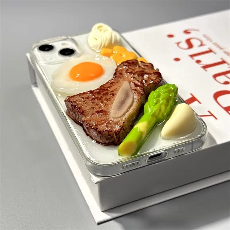 Fun 3D Food Themed Steak Vegetables Clear Protective Phone Case Cover for iPhone