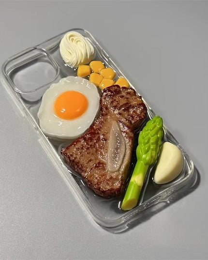 Fun 3D Food Themed Steak Vegetables Clear Protective Phone Case Cover for iPhone