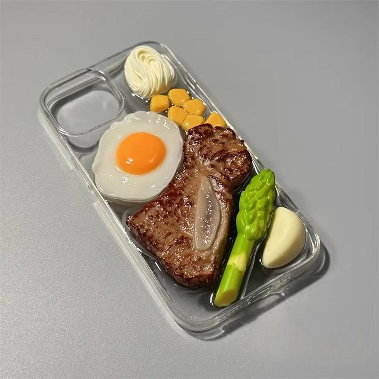 Fun 3D Food Themed Steak Vegetables Clear Protective Phone Case Cover for iPhone