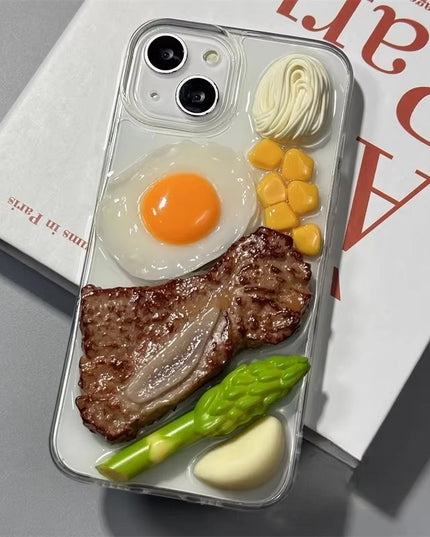 Fun 3D Food Themed Steak Vegetables Clear Protective Phone Case Cover for iPhone