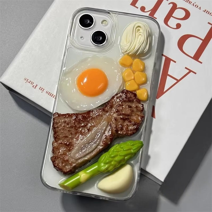 Fun 3D Food Themed Steak Vegetables Clear Protective Phone Case Cover for iPhone