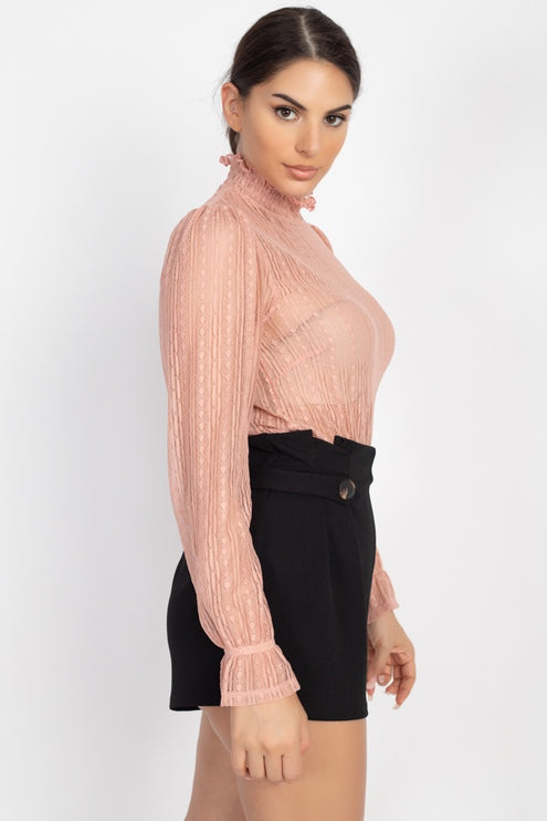 Beautiful Ruffle Trim Bell Cuff Long Sleeves Fashion Lace Top