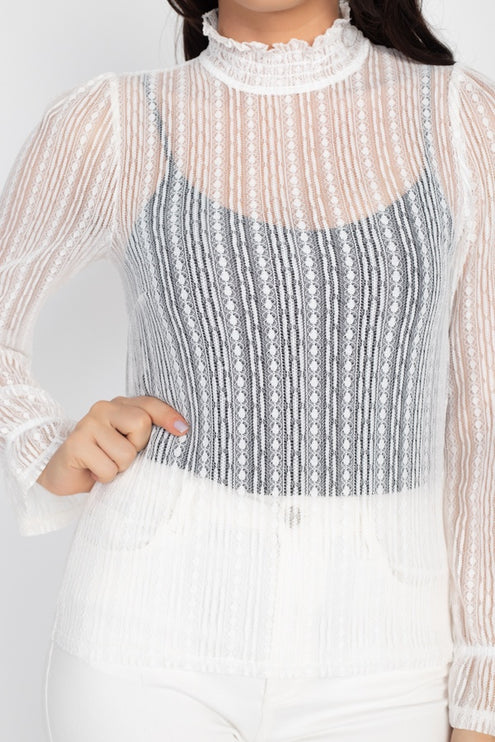 Beautiful Ruffle Trim Bell Cuff Long Sleeves Fashion Lace Top