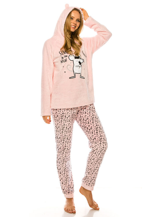 Cute Mouse Graphic Ear Detail Hoodie Animal Print Pants Two-Piece Pajamas Sweater Pants Set