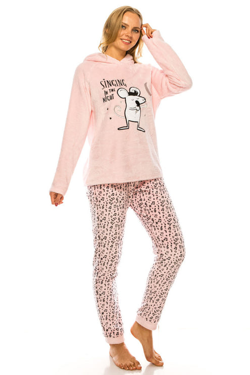 Cute Mouse Graphic Ear Detail Hoodie Animal Print Pants Two-Piece Pajamas Sweater Pants Set