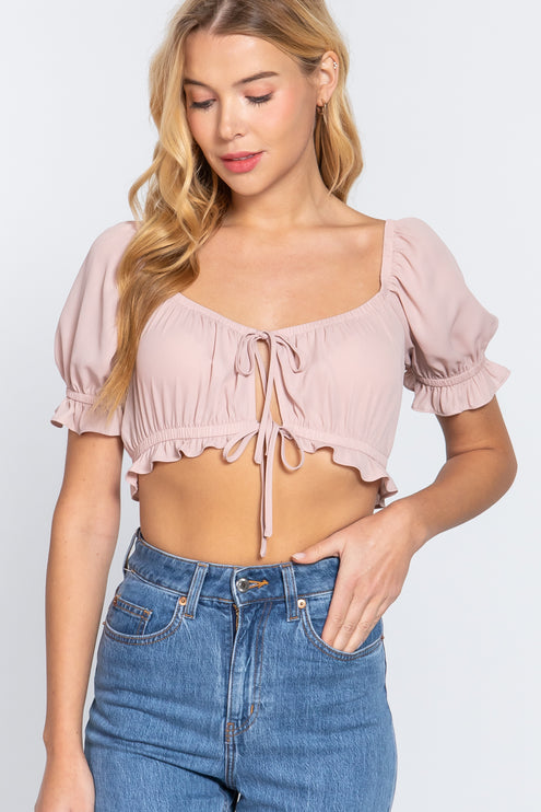 Simple Cute Sweet Short Sleeve Fashion Crop Woven Shirt Top