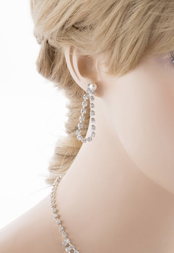 Bridal Wedding Jewelry Set Necklace Crystal Rhinestone V-Drape Pearl Silver - Accessoriesforever