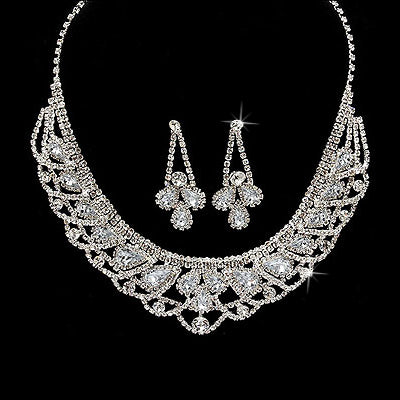 Bridal Wedding Jewelry Set Necklace Crystal Rhinestone Bib Teardrop Silver Clear