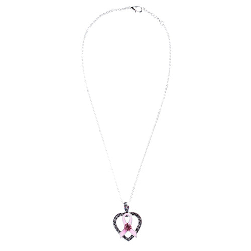 Pink Ribbon Jewelry Crystal Rhinestone Pretty Heart Ribbon Necklace JN256 Pink - Accessoriesforever