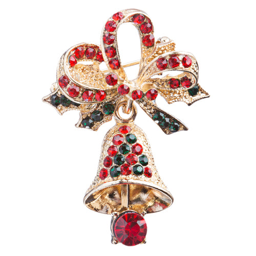 Christmas Jewelry Crystal Rhinestone Ribbon Bell Charm Fashion Brooch Pin BH121