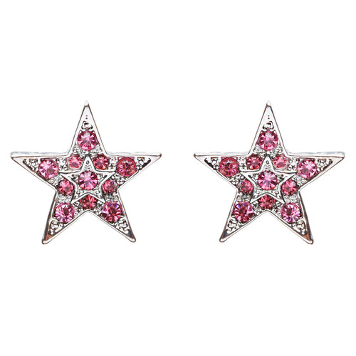 Twinkle Sparkle Crystal Double Star Stud Fashion Earrings Silver Tone Pink - Accessoriesforever