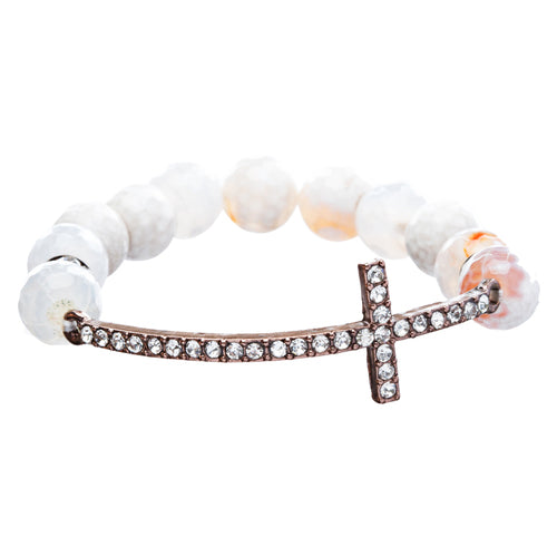 Beaded Faceted Crystal Rondelle Copper Cross Charm Fashion Stretch Bracelet - Accessoriesforever