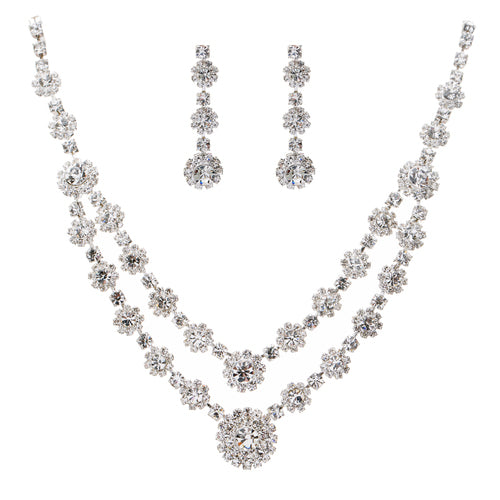 Bridal Wedding Jewelry Set Necklace Crystal Rhinestone Double Link Row Silver - Accessoriesforever